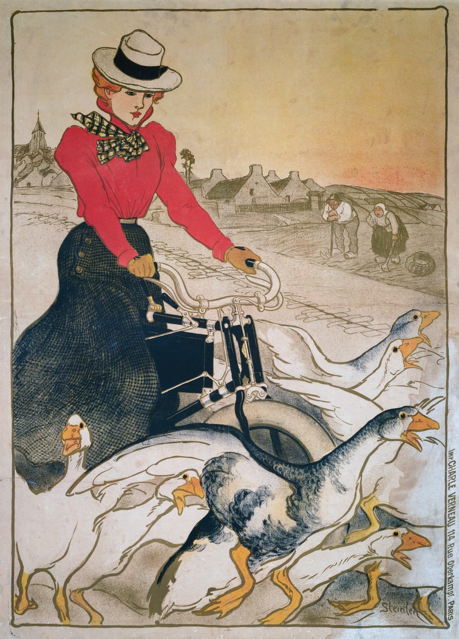 Nő motoros velocipédon és egy csoport liba alkotó: Théophile Alexandre Steinlen