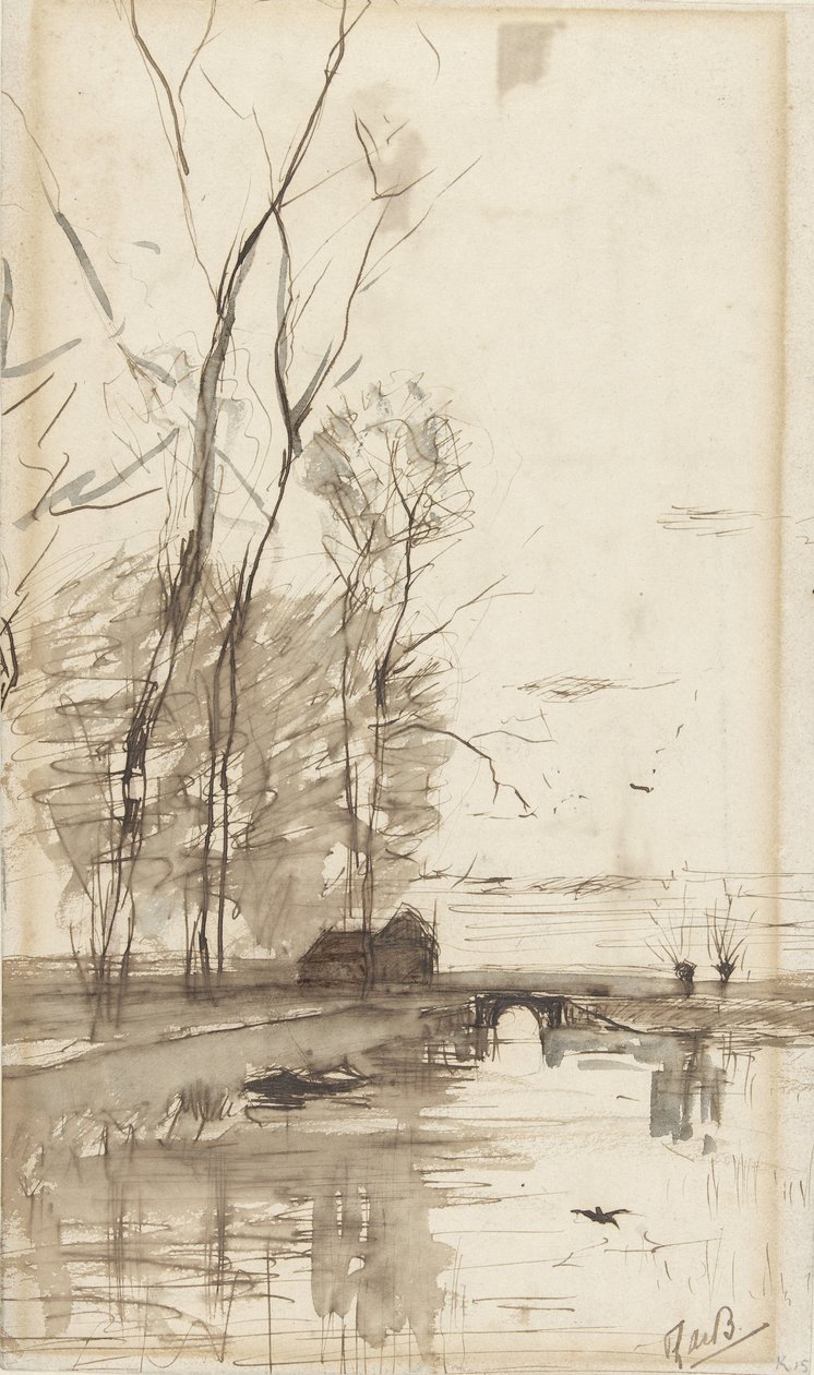 Kilátás a csatornára magas fákkal, gazdasággal és híddal alkotó: Théophile de Bock (possibly)