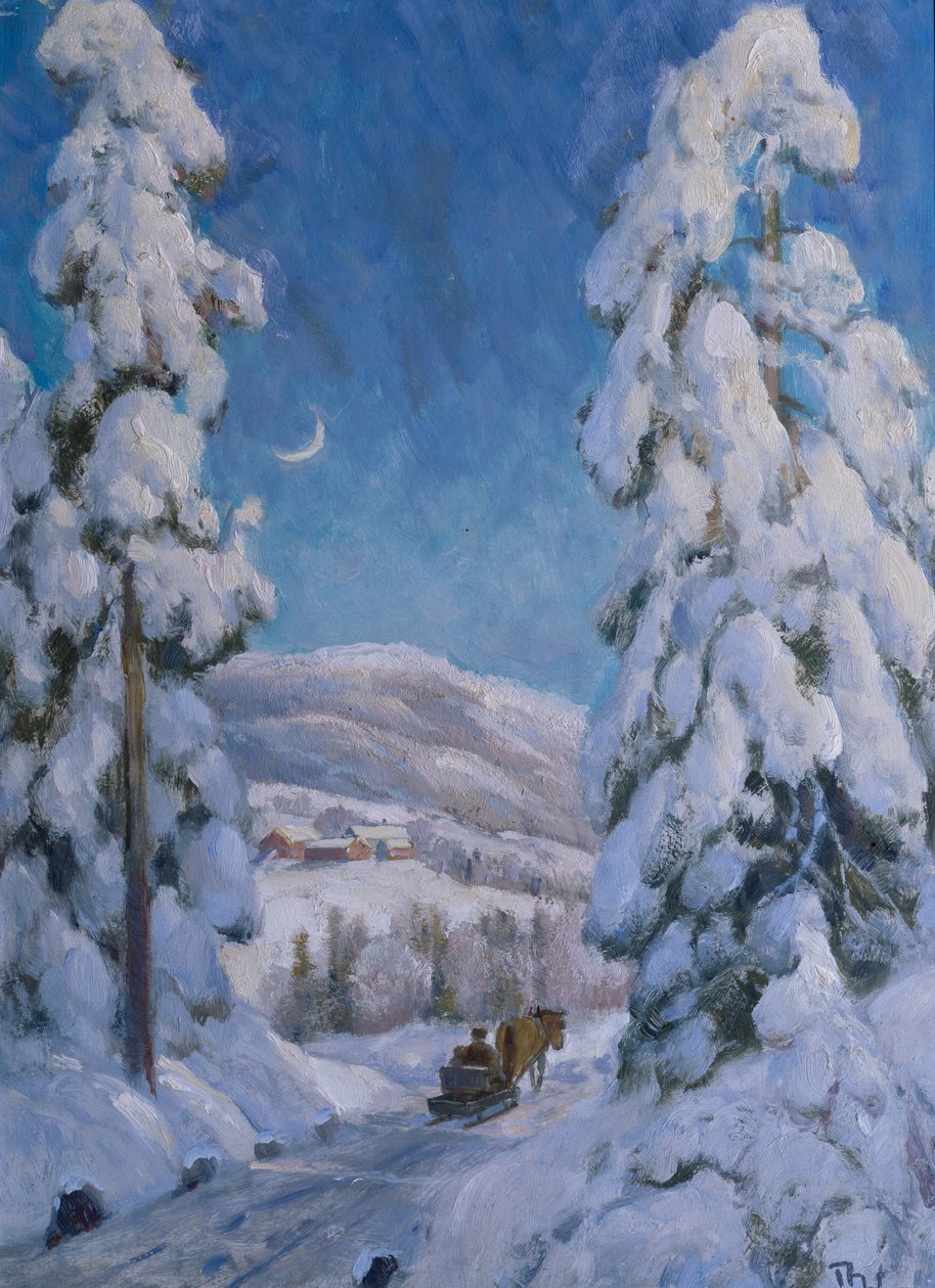 Ló és szánkó téli tájban (olaj, vászon) alkotó: Thorolf Holmboe