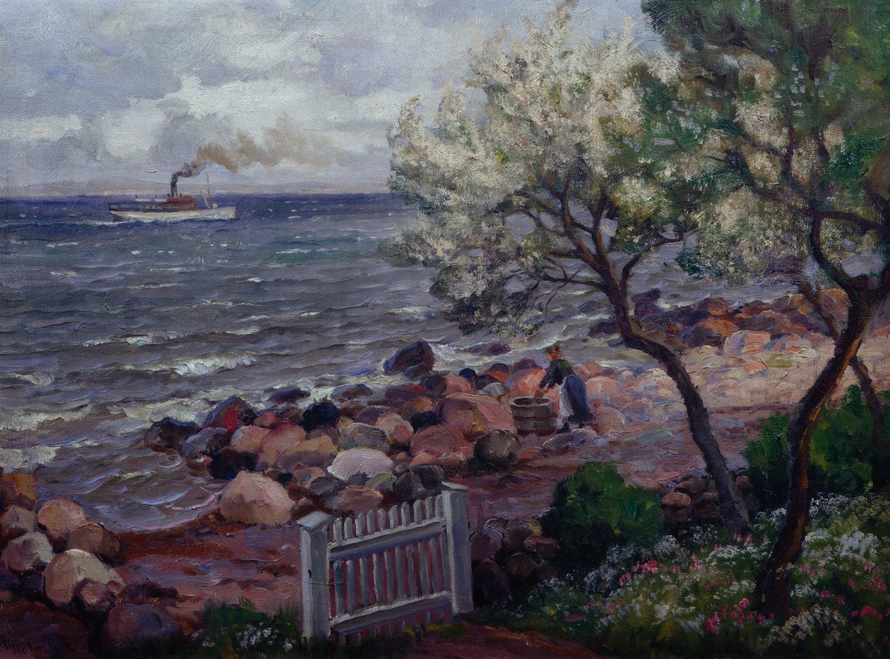 Nyári táj kertkapuval és nővel (olaj, vászon) alkotó: Thorolf Holmboe