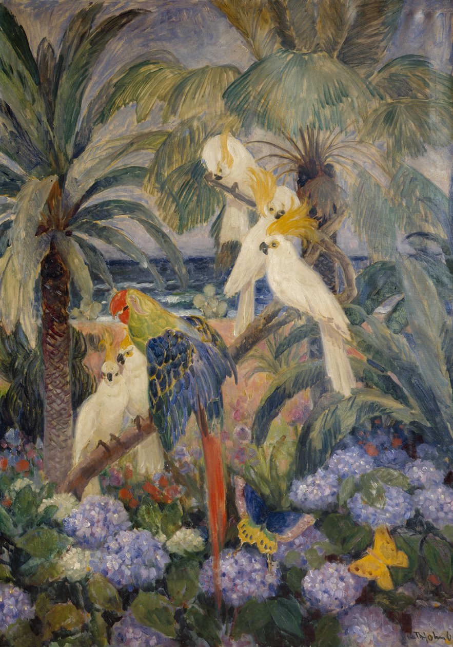 Trópusi táj papagájokkal (olaj, vászon) alkotó: Thorolf Holmboe