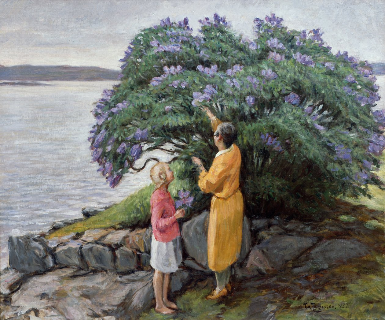 Nő és gyermek az orgonabokor mellett alkotó: Thorvald Torgersen