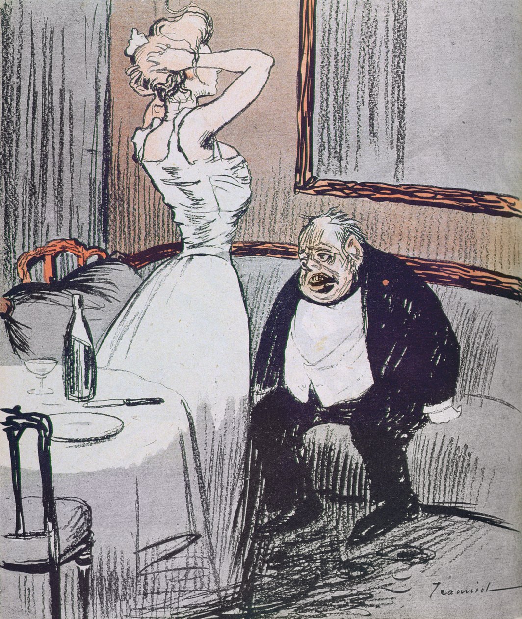 Prostituált és egy öregember a LAssiette Au Beurre magazinból, kocsmából. 1907 alkotó: Tiamirol