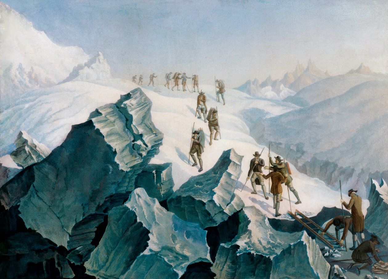 Horace Benedict de Saussure, fia és vezetőinek leszármazása a Mont Blancról, 1787. aug. alkotó: Tiberius Dominikus Wocher