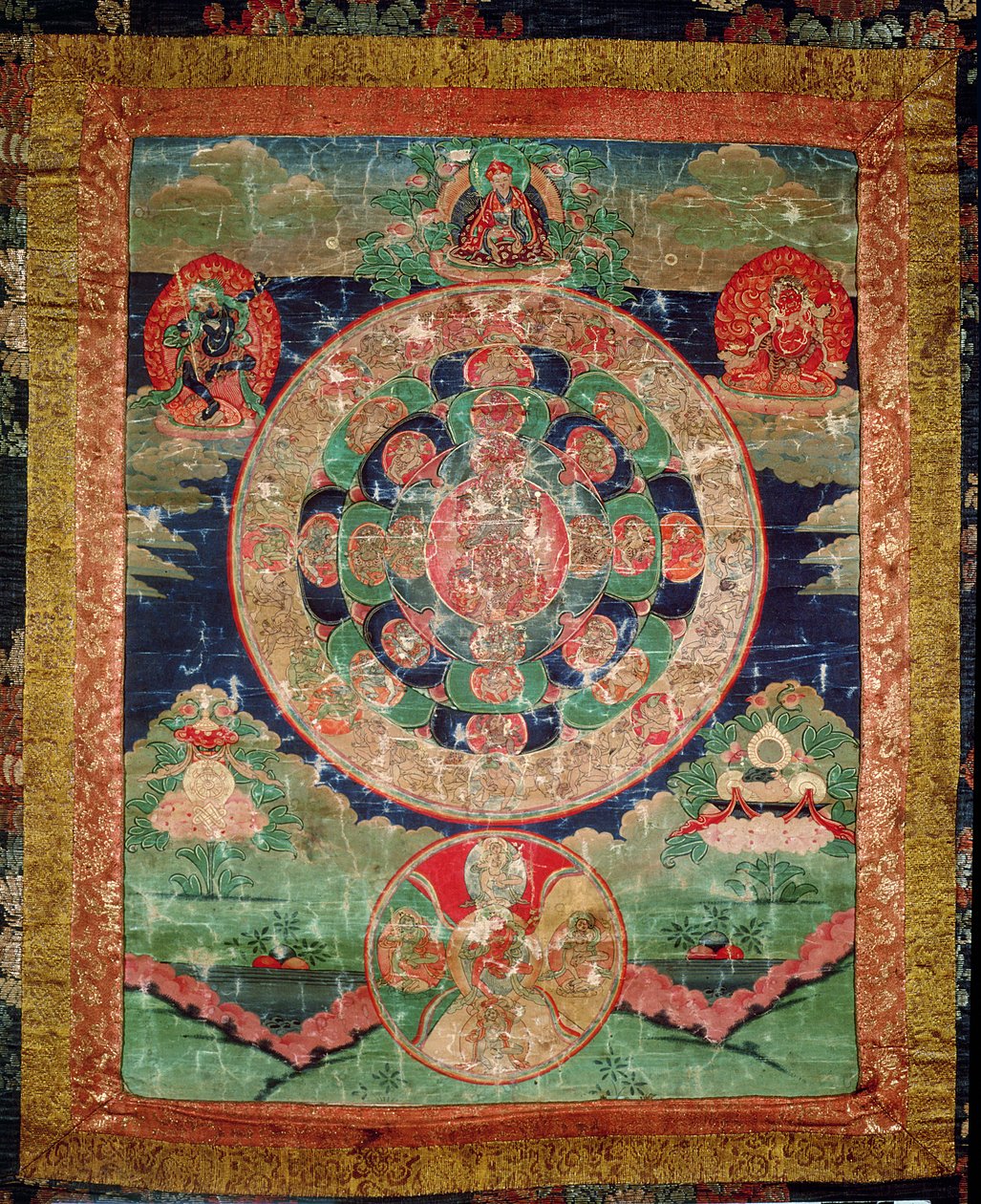 Bardo Mandala, Thangka a halál és a reinkarnáció közötti időszakot mutatja (guache a ruhán) alkotó: Tibetan School