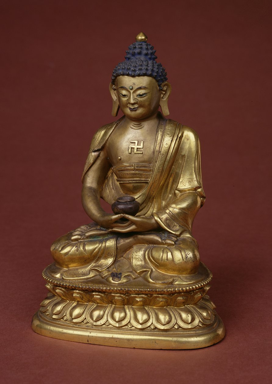 Buddha Amitayus meditál, és ölében tartja a nektárvázát (amrta) (bronz) alkotó: Tibetan School