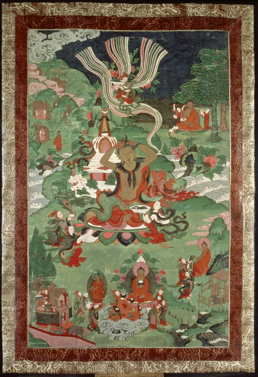 Buddha hajcsomót vág, tibeti templomi transzparens alkotó: Tibetan School