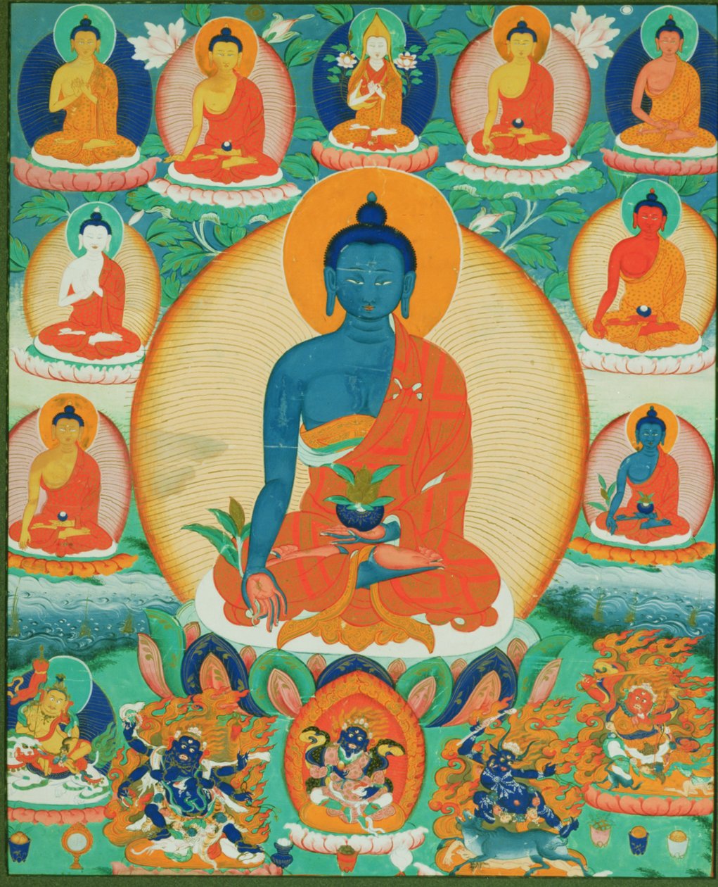 Thangka festmény, amely a Baishajyagurut, Menlát hét másik gyógybuddhával ábrázolja, 1780-1880 (papír) alkotó: Tibetan School