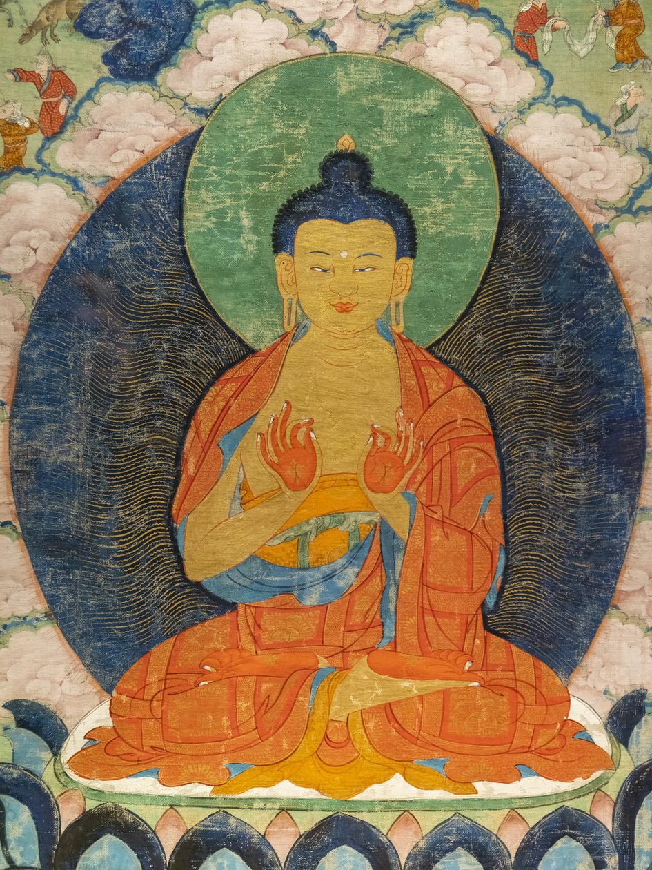 Buddha és három Jakata: Makkapi, Ruru, Shabhamiga alkotó: Tibetan School