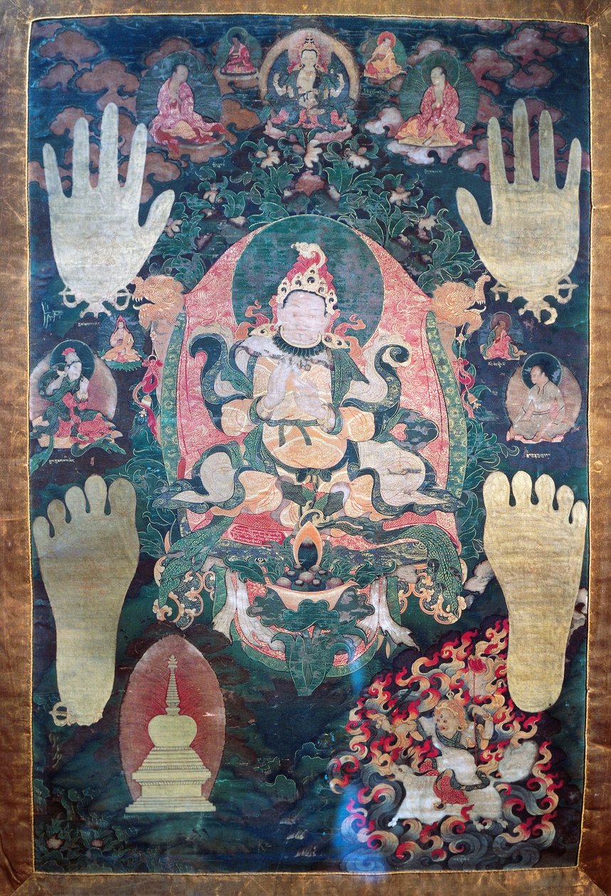 Gnya-Khri btsan-Po, Tibet legendás első királya, Avalokitesvara bodhiszattva, Tibet egyik időbeli és spirituális vezetőjének reinkarnációja, vászonfestés, tibeti civilizáció alkotó: Tibetan School