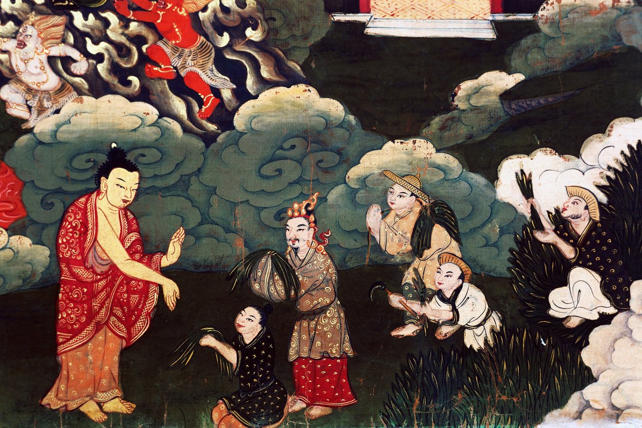 Fűcsokrokat kínál, jelenetek Sákjamuni Buddha életéből alkotó: Tibetan School