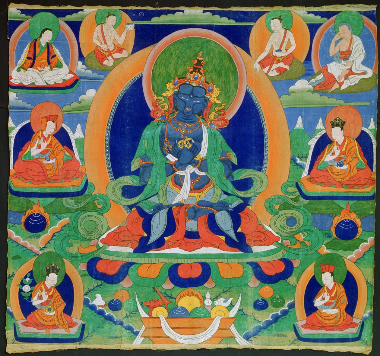 Thangka festmény, amely az Adibuddha Vadzsradharát (Do rje chang) ábrázolja, tibeti, 19. század (repedés a kalikon) alkotó: Tibetan School