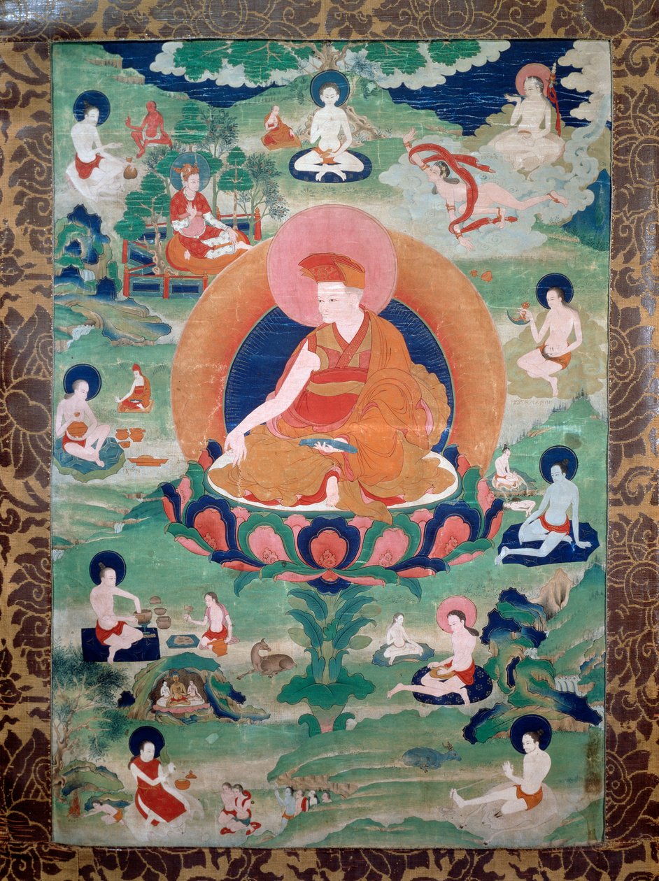 Rdo Rje Grags Pa láma, aki a 11. században élt, híveivel körülvéve, festmény, tibeti civilizáció alkotó: Tibetan School