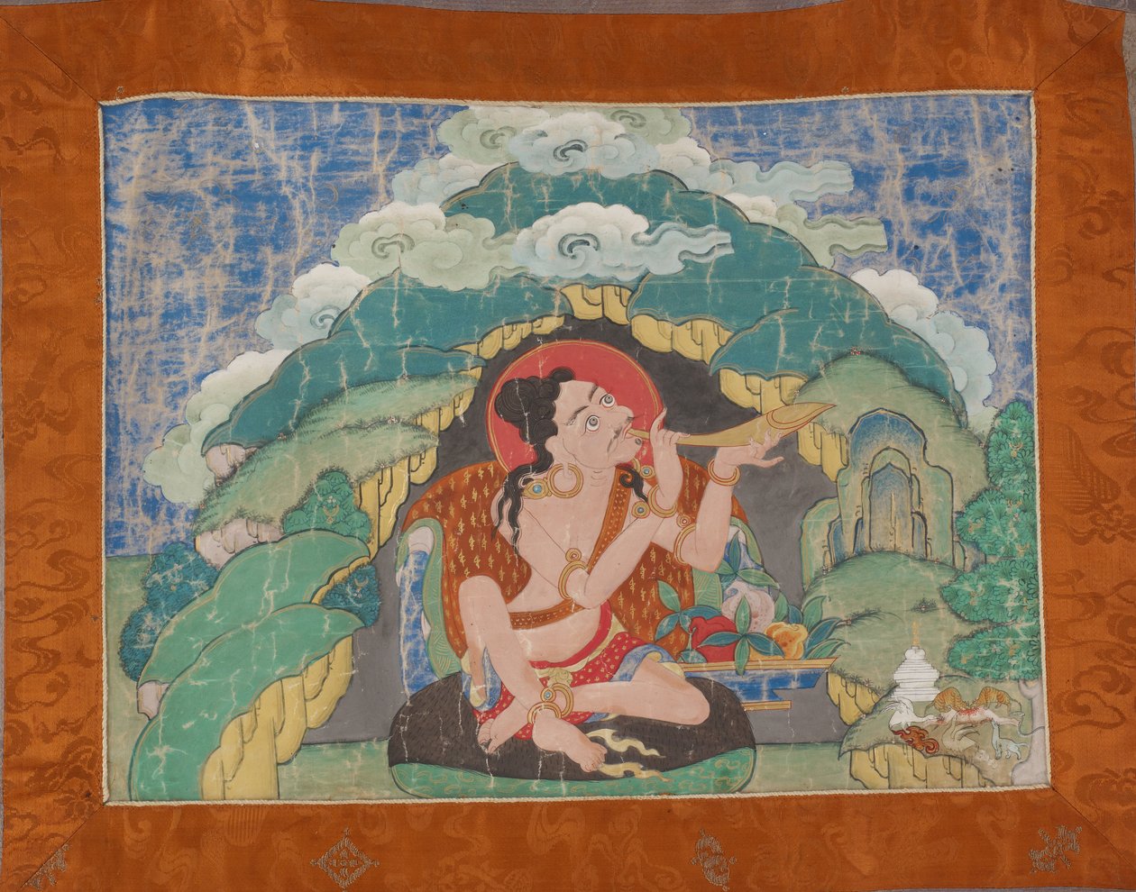 Mahasiddha Krishnacharya, egy részleges thangkas-készletből, 19. század eleje (ásványi pigmentek méretű pamuton; eredeti brokát rögzítés) alkotó: Tibetan School