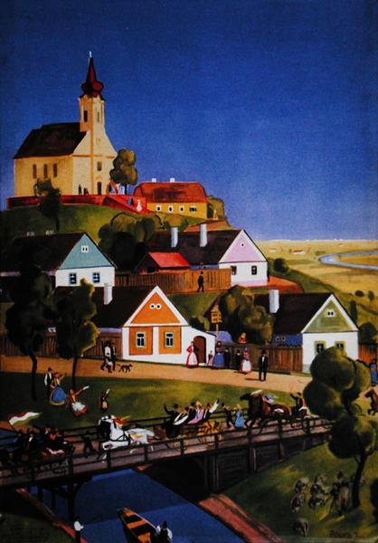 Tipikus magyar falu, illusztráció egy turisztikai prospektusból, 1930-40 körül (színes litó) alkotó: Tibor Polya
