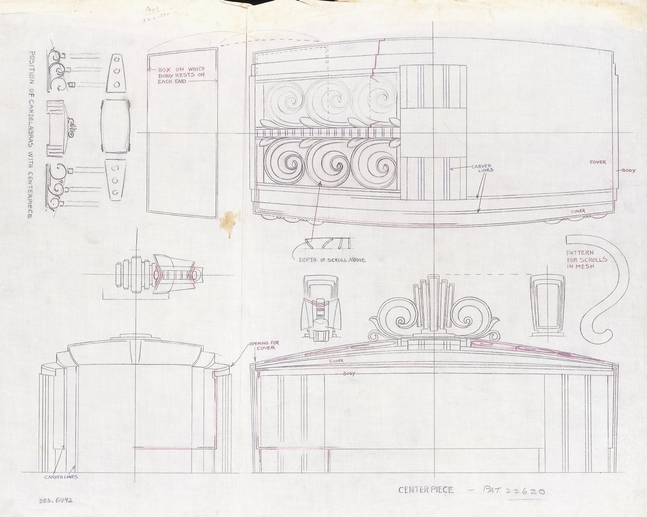 Az 1939-es világkiállításra készült, 1939 körüli Tiffany & Co. kiállítási központi elem és két három fényű kandeláber tervrajza (tintával papíron) alkotó: Tiffany and Company
