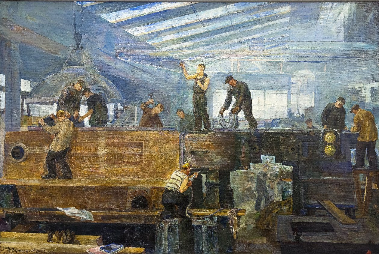 Le plan quinquennal - Turbina telepítés, Chernyshev, Tikhon Pavlovich (1882-1942). Olaj, vászon, mérete: 75x110 alkotó: Tikhon Pavlovich Chernyshev