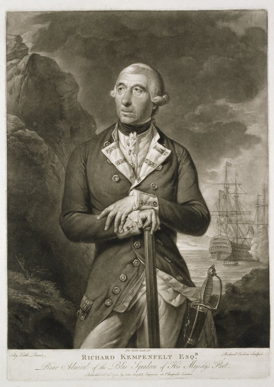 Richard Kempenfelt (1718-82) Kék ellentengernagy portréja, vésette Richard Earlom (1743-1822) kocsma. John Boydell (1719-1804) 1782 alkotó: Tilly Kettle