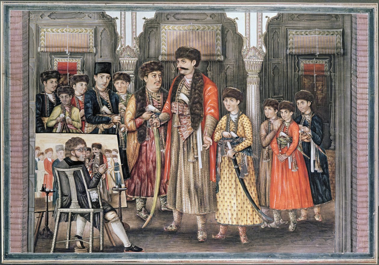 Shuja ud-daula, Nawab of Oudh (1754-75) és tíz fia, vésette P. Renault, 1796 (színes akvatinta) alkotó: Tilly Kettle