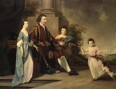 Thomas Noel, Wentworth 2. vikomtja három nővérével, Judittal, Erzsébettel és Sophiával a teraszon ül, mögötte Oxford (olaj, vászon) alkotó: Tilly (manner of) Kettle