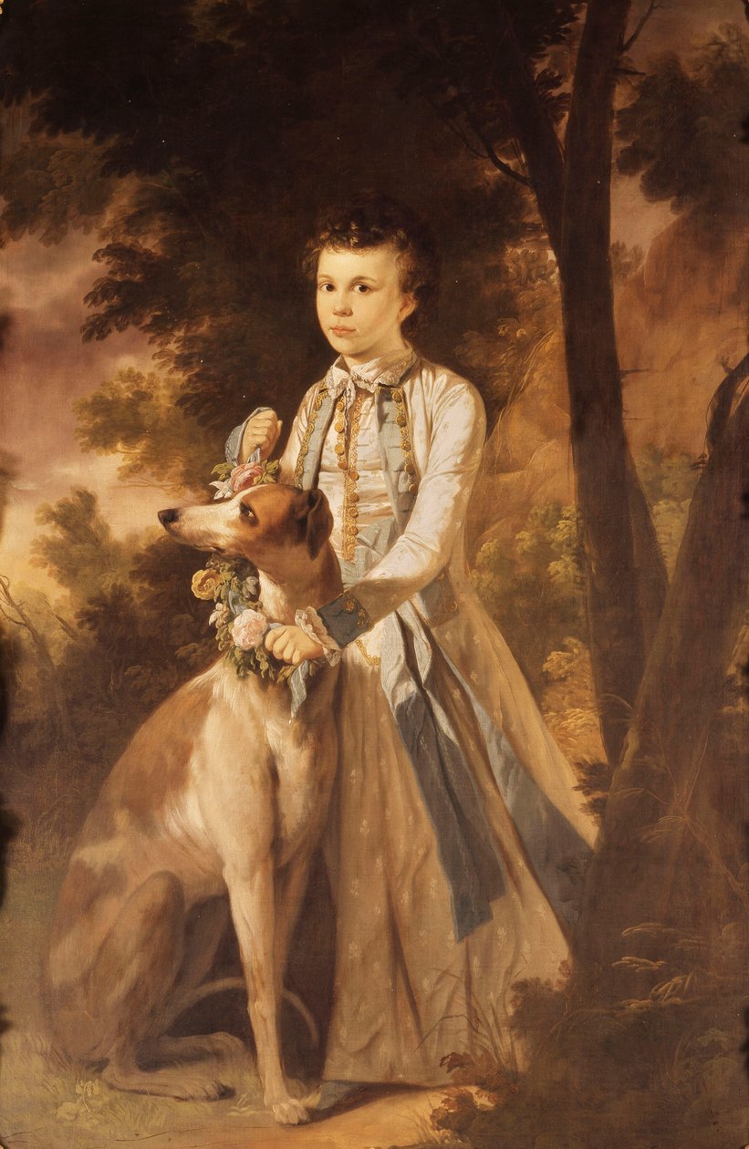 John Graham egész alakos portréja fiúként, indiai ruhában, és egy agár nyakában virágfüzért tart az oldalán, egy tájban. alkotó: Tilly Kettle