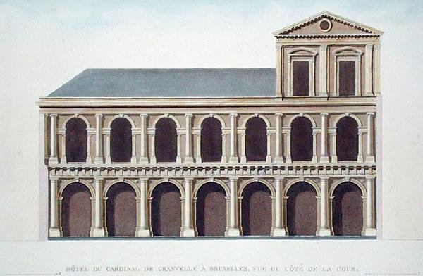 Oldalnézet de Granvelle bíboros (1517-86) brüsszeli rezidenciájáról, Pierre Jacques Goetghebuer „Válogatás a Holland Királyság legjelentősebb műemlékeiből, épületeiből és házaiból” című művéből, a szerző metszetével, 1827-ben (akvatinta) ) (lásd még alkotó: Tilman Francois (after) Suys