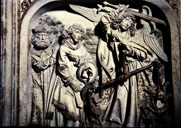 II. Henrik (973-1024) és felesége, Kunigunde sírja, II. Henrik szívének Szent Lőrinc jelenlétében történő megmérésének részlete alkotó: Tilman Riemenschneider