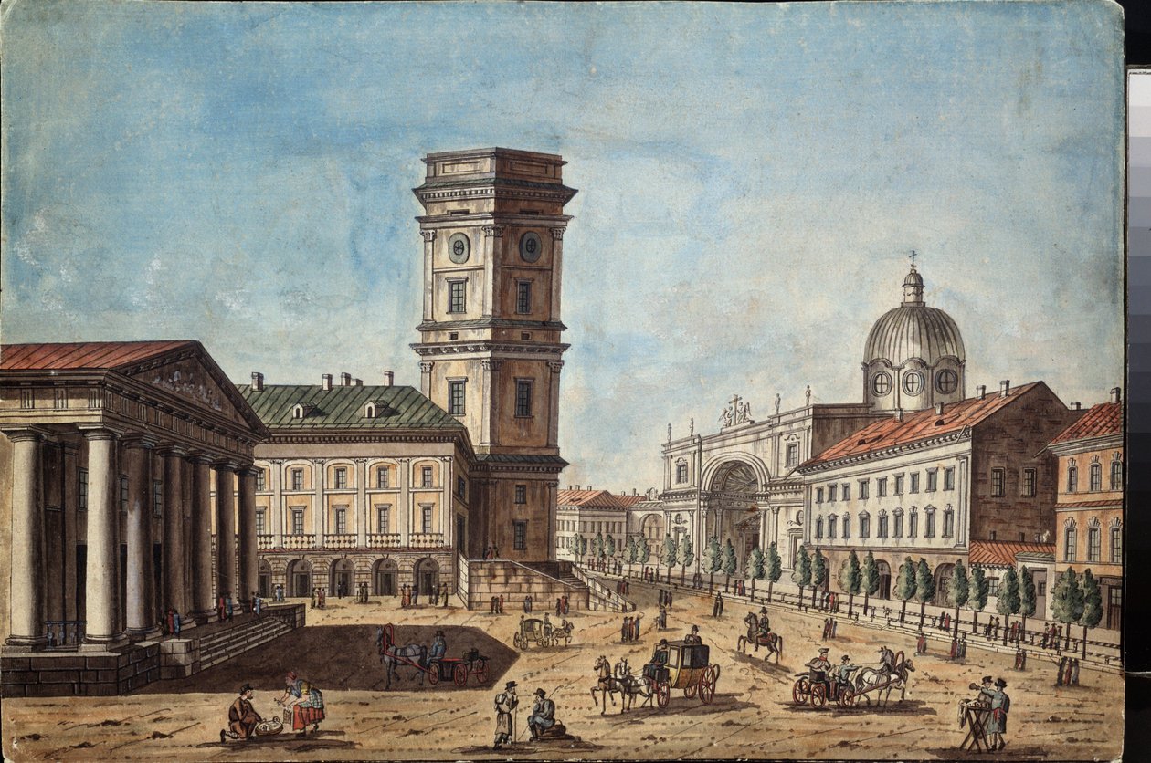 Kilátás a szentpétervári Nyevszkij sugárútra (a Szentpétervári Nyevszkij sugárútra) - Timofej Alekszejevics Vasziljev (1783-1838) munkája, akvarell és tinta papíron, 1810 körül - Orosz művészet alkotó: Timofei Alexeyevich Vasilyev