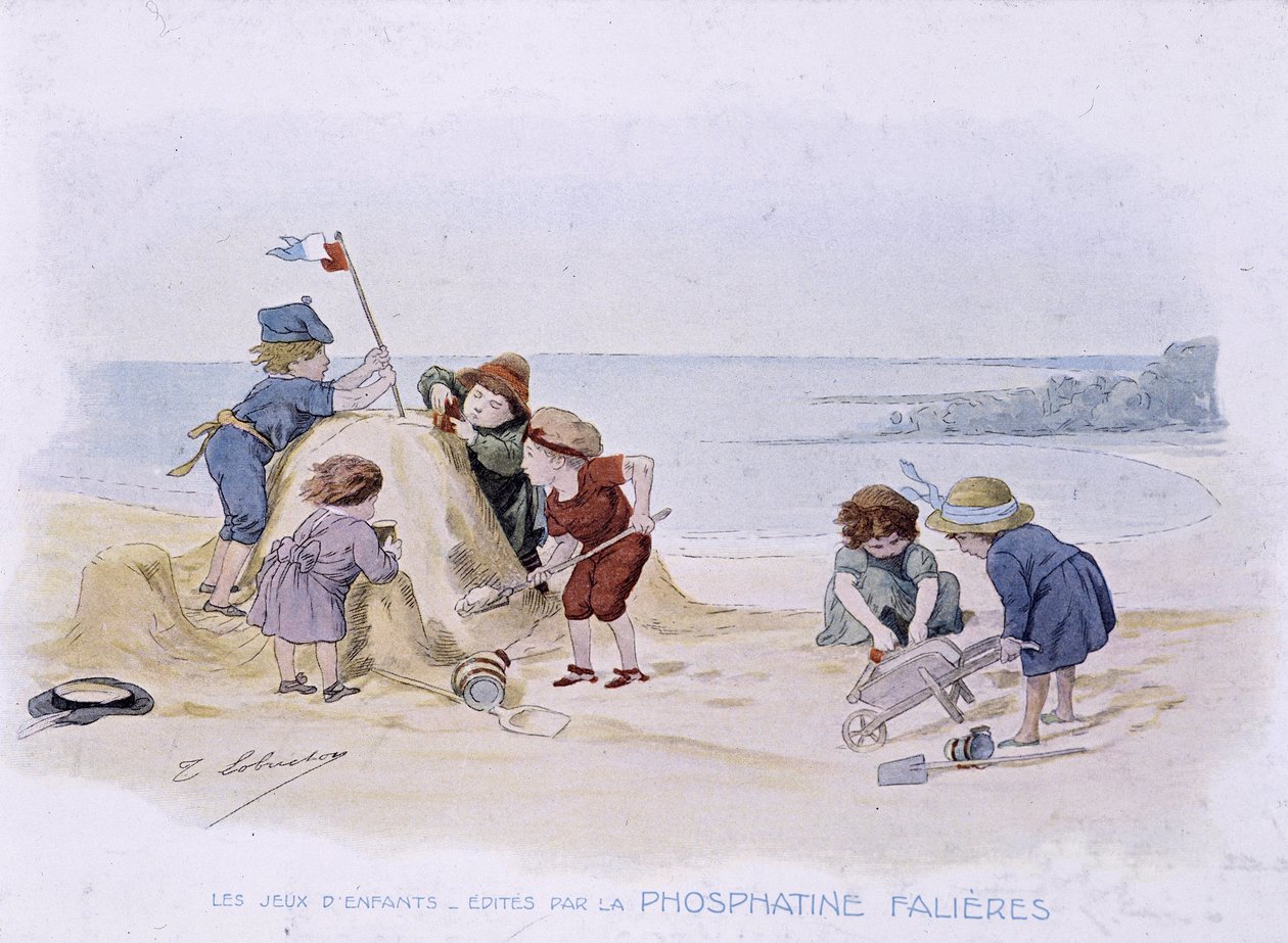 Gyermekjátékok: homokvárat építő gyerekek - dess. de Lobrichon, szerk. írta: Phosphatine Falières, v.1920 alkotó: Timoleon Marie Lobrichon