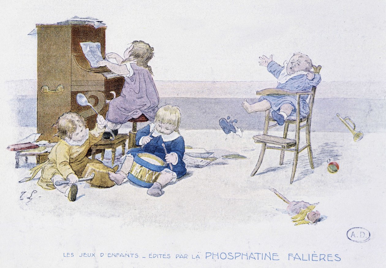 Gyermekjátékok: gyerekek játszanak különféle hangszerekkel - dess. de Lobrichon, szerk. írta: Phosphatine Falières, v.1920 alkotó: Timoleon Marie Lobrichon