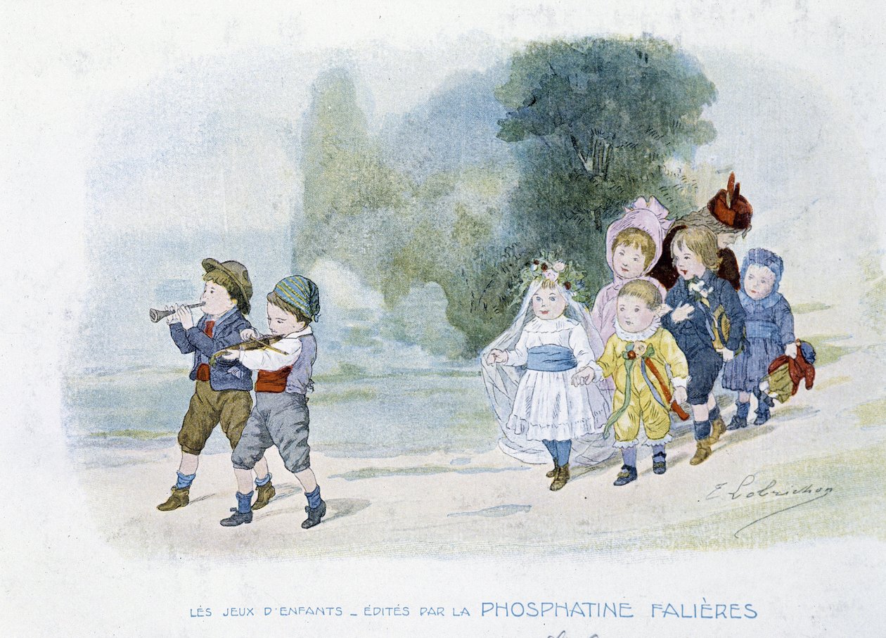 Gyermekjátékok: esküvői felvonulás, menyasszonynak álcázott gyerekek - dess. de Lobrichon, szerk. írta: Phosphatine Falières, v.1920 alkotó: Timoleon Marie Lobrichon