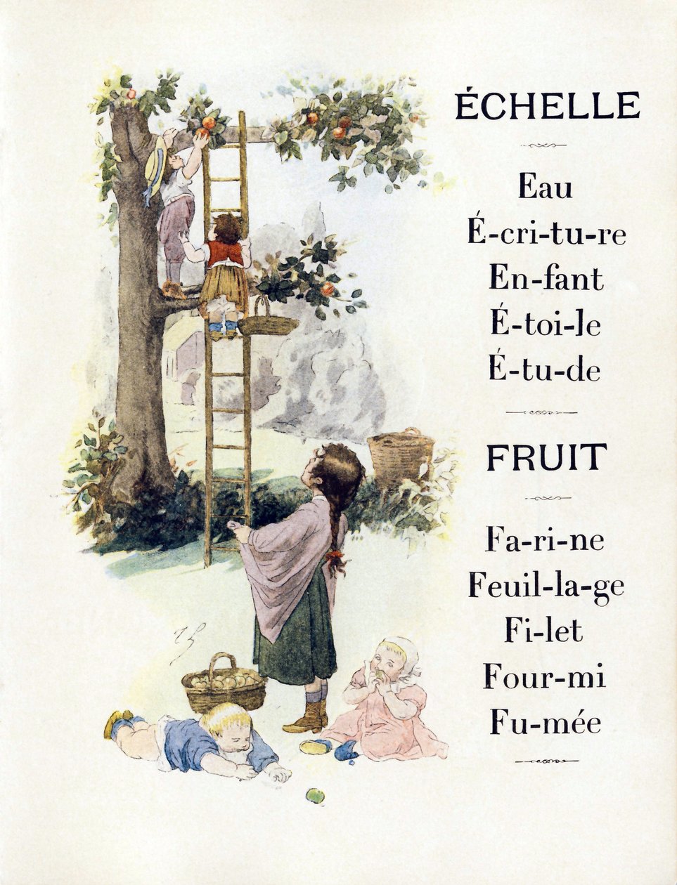 Narancssütő gyerekeket ábrázoló E és F betűk, 19. század vége (kromolitográfia) alkotó: Timoleon Marie Lobrichon