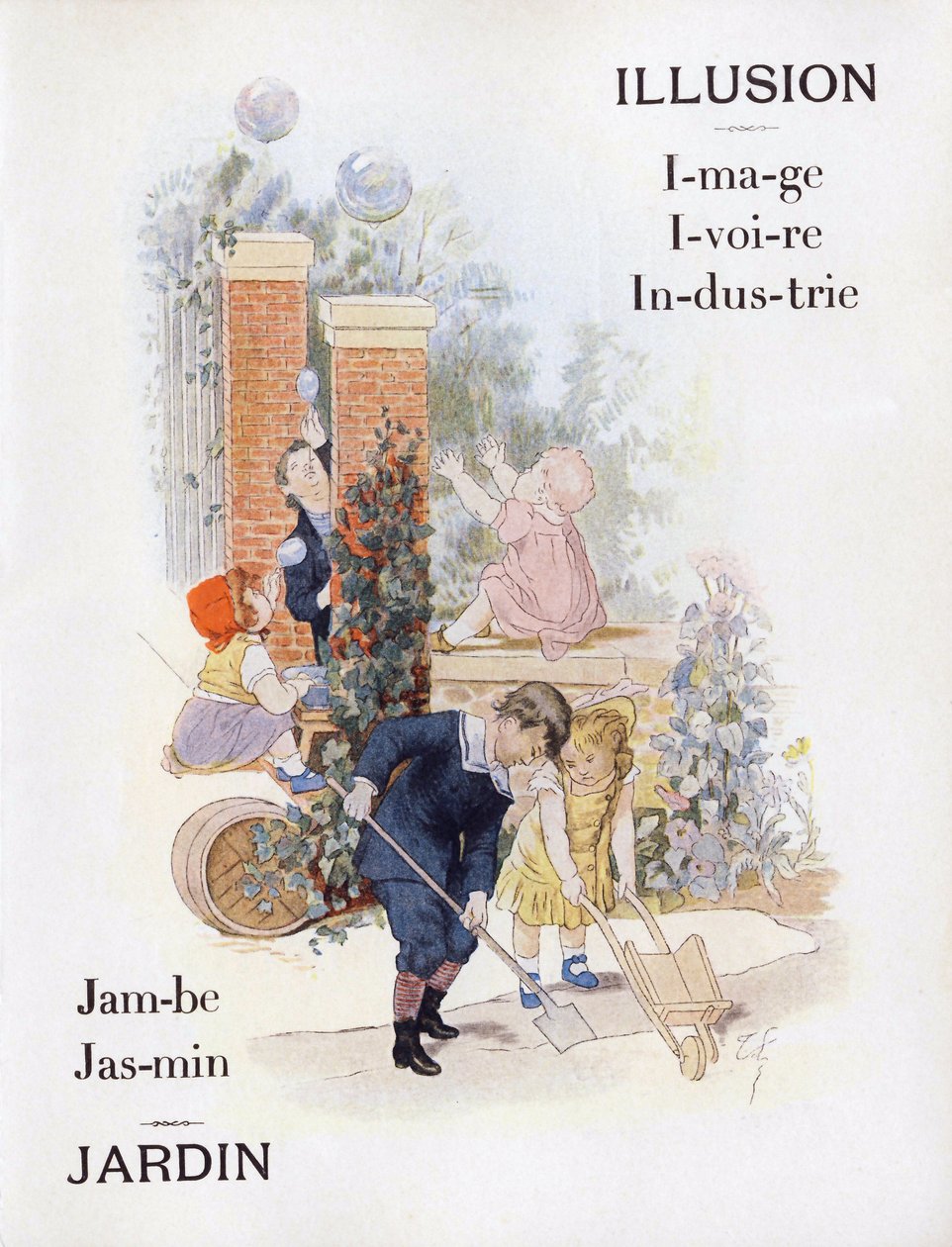 I-es és J-betű, amely gyerekeket ábrázol a kertben, 19. század vége (kromolitográfia) alkotó: Timoleon Marie Lobrichon