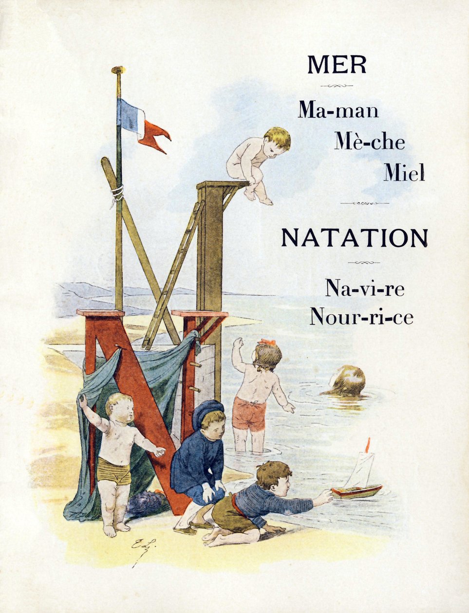 M és N betű, amely gyerekeket jelöl a tengerparton, 19. század vége (kromolitográfia) alkotó: Timoleon Marie Lobrichon