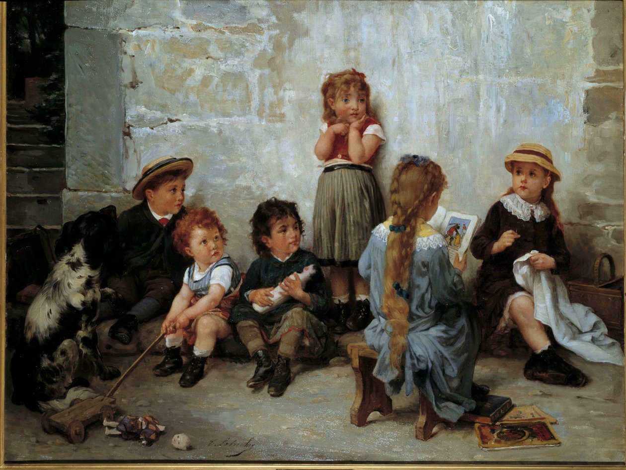 Az izgalmas rész Gyermekek könyvet hallgatnak. Timoleon Lobrichon (1831-1914) festménye XIX. Magángyűjtemény alkotó: Timoleon Marie Lobrichon
