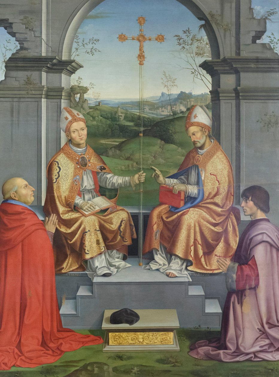 Becket Tamás és Tours-i Szent Márton, akit Giovanni Pietro Arrivabene püspök és unokaöccse, Giacomo imádnak. alkotó: Timoteo Viti