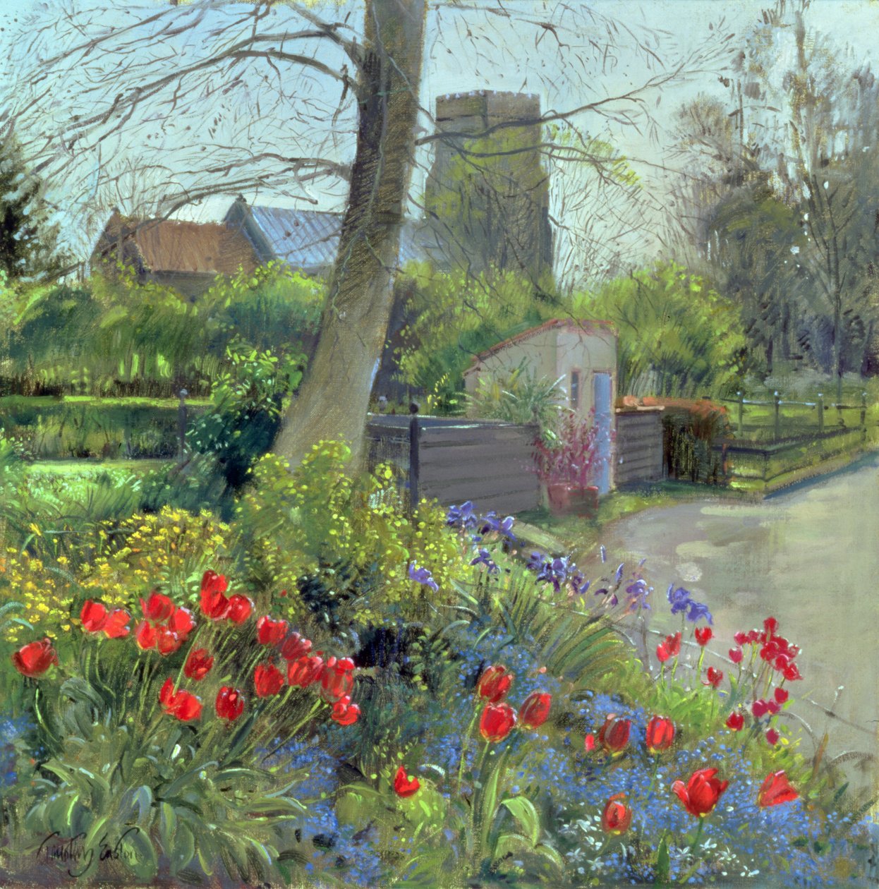 Vörös tulipánok és Bedfield templom (olaj, vászon) alkotó: Timothy Easton