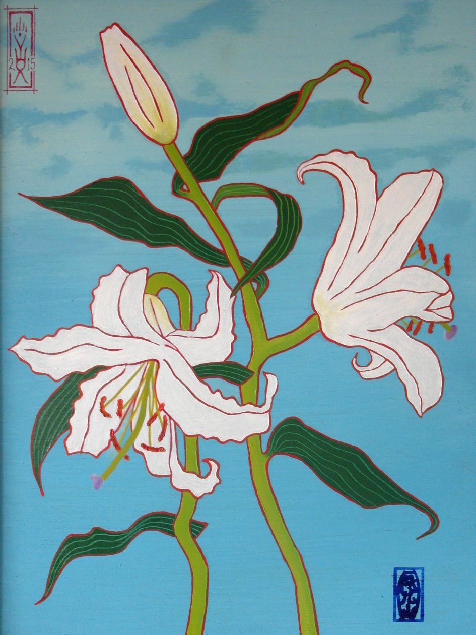 Fehér liliom kék alapon, 2010, olaj, fa alkotó: Timothy Nathan Joel