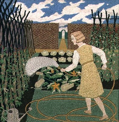 Egy nő öntözi a kertet (kézimunka) alkotó: Tirzah Ravilious