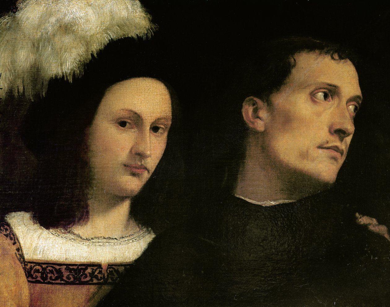 A koncert (a spinet játékos fejének részlete és egy fiatal tollas kalapos mester), 1510 körül alkotó: Tiziano Vecelli
