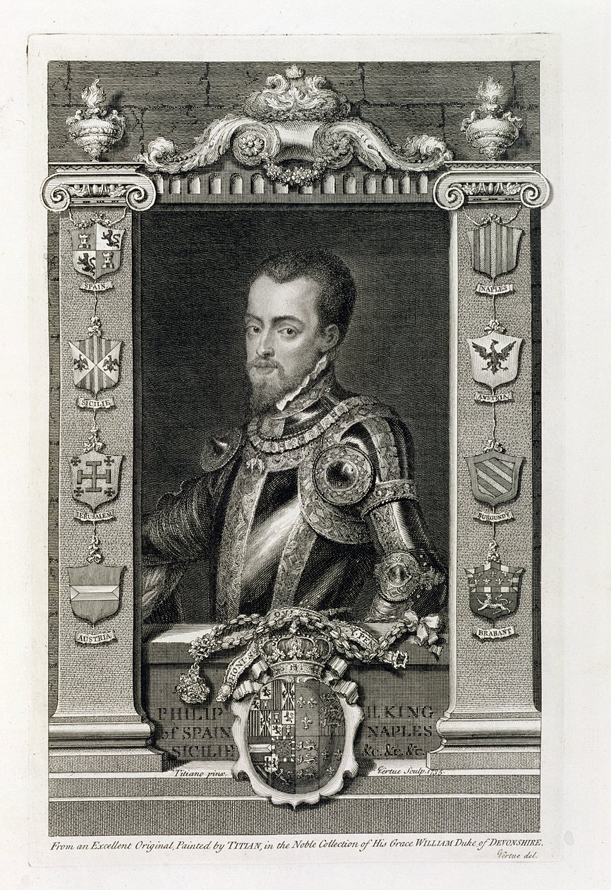 II. Fülöp (1527-98) Spanyolország királya 1556-tól, vésette George Vertue (1684-1756) 1735 alkotó: Tiziano Vecelli