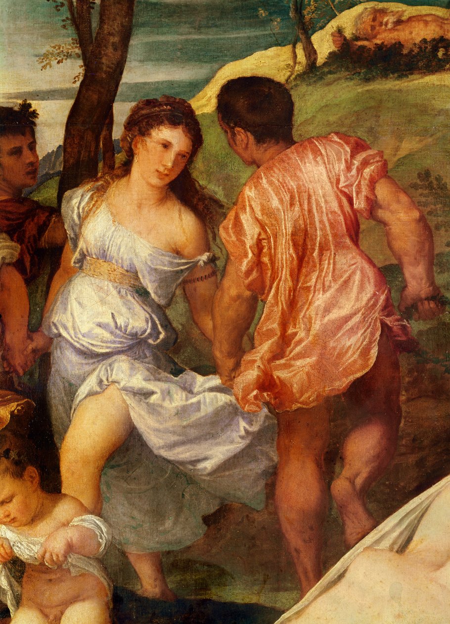 A Bacchanal, két figura részlete Ariane mögött. 1518 körül olaj, vászon alkotó: Tiziano Vecelli