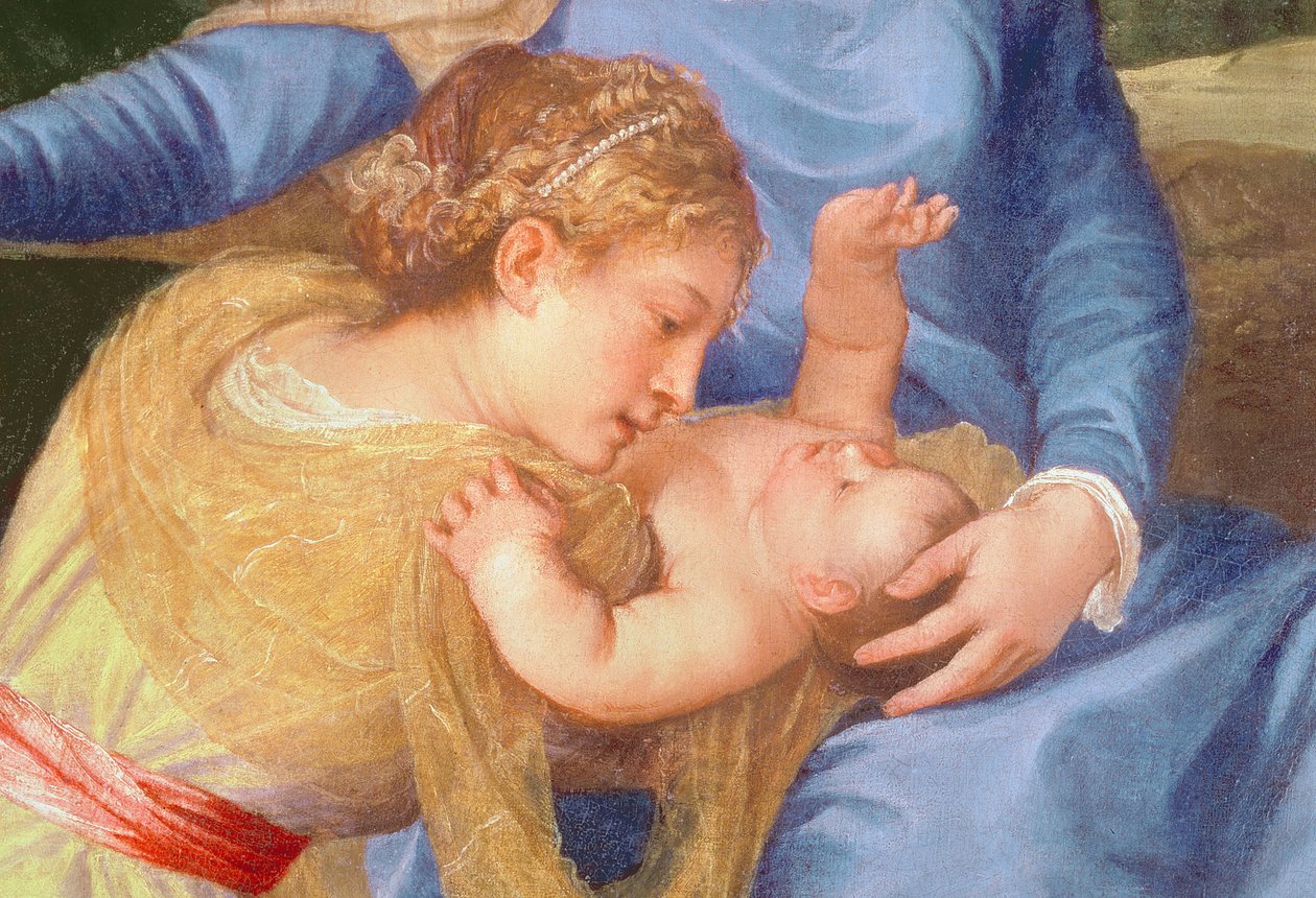 Szűz és gyermek Keresztelő Szent Jánossal és egy szent nővel, a Szűzanya, Krisztus Gyermek és női szent részlete, 1530-35 körül olaj, vászon alkotó: Tiziano Vecelli