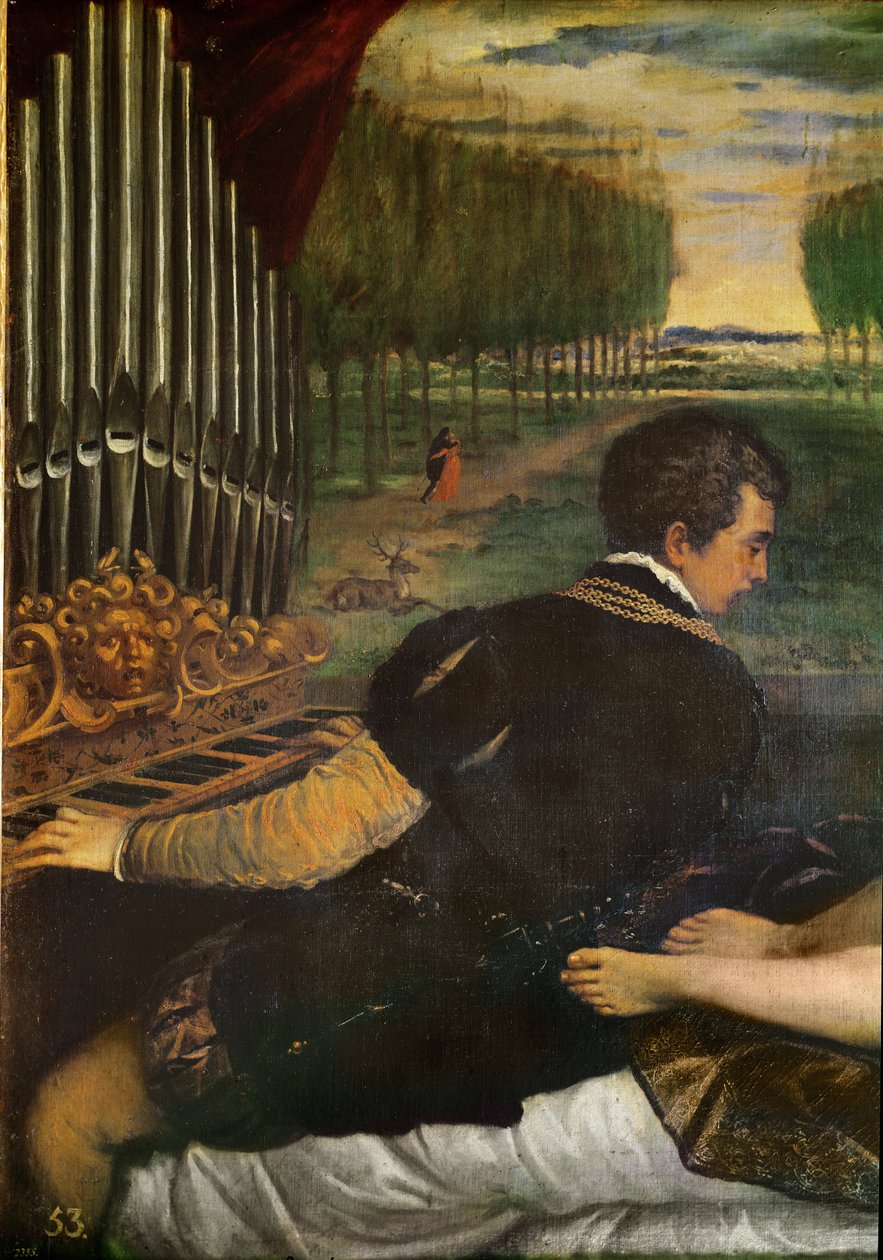 Vénusz orgonistával és Ámorral vagy Ottavio Farn ese, orgonista és szeretője (az orgonista részlete), 1540-50 körül alkotó: Tiziano Vecelli