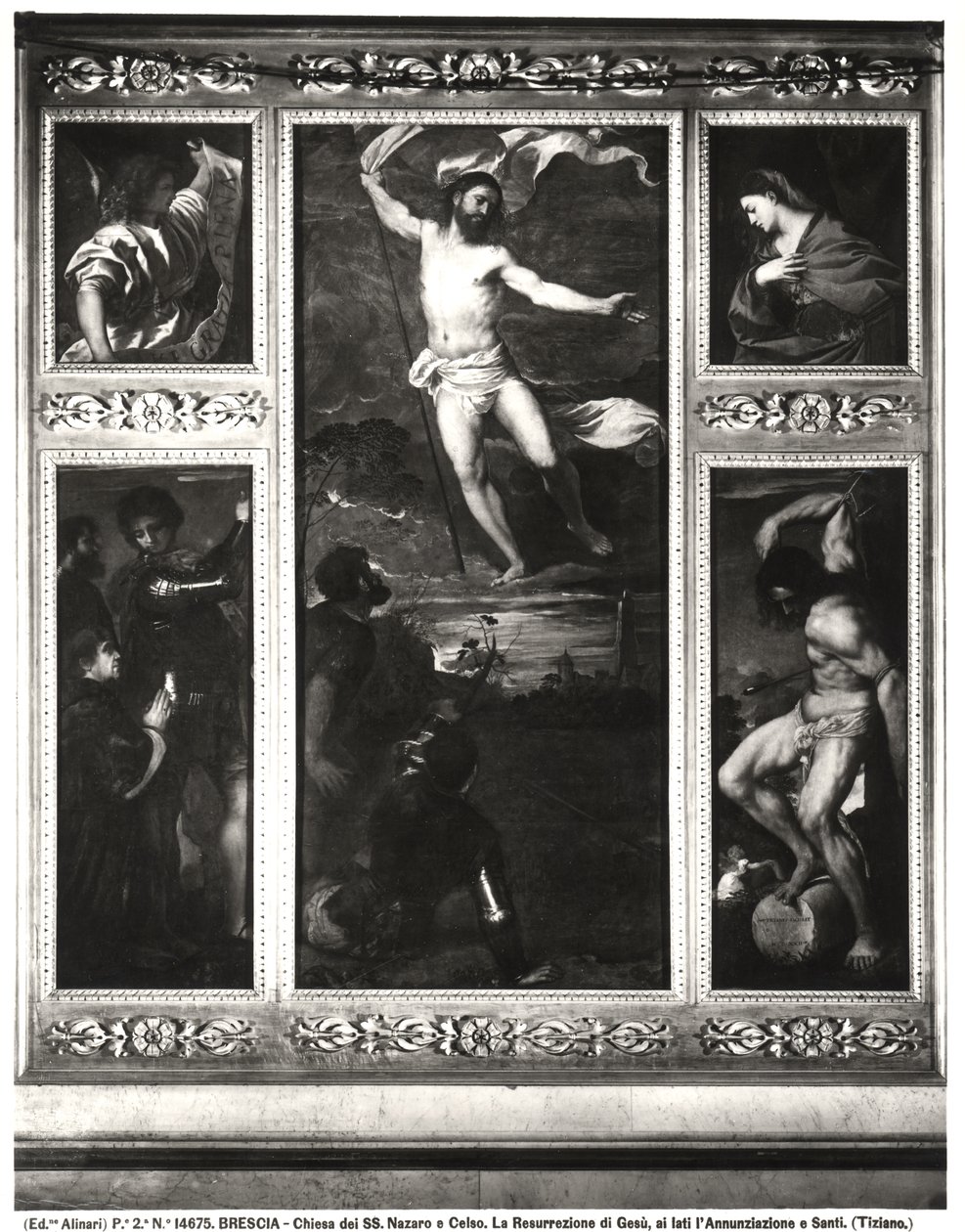Averoldi poliptichon Krisztus feltámadását, az Angyali üdvözletet, SS Nazariust és Celsust Averoldival és Sebastian vértanúságát ábrázolja, 1522 alkotó: Tiziano Vecelli
