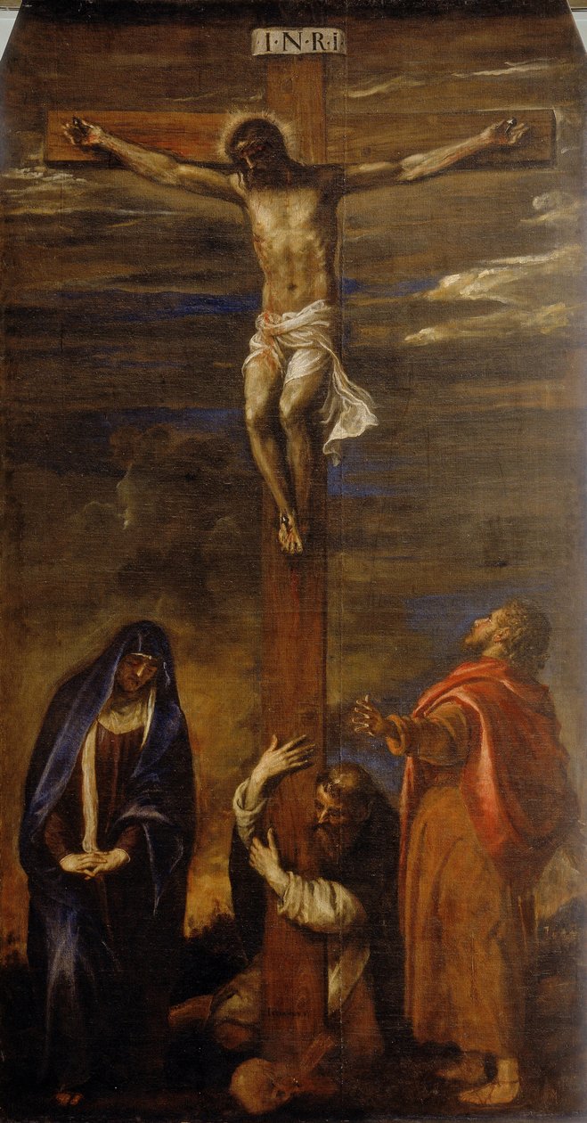 Krisztus a kereszten a Szűzanyával, Szent Jánossal és Szent Domonkossal alkotó: Tiziano Vecelli