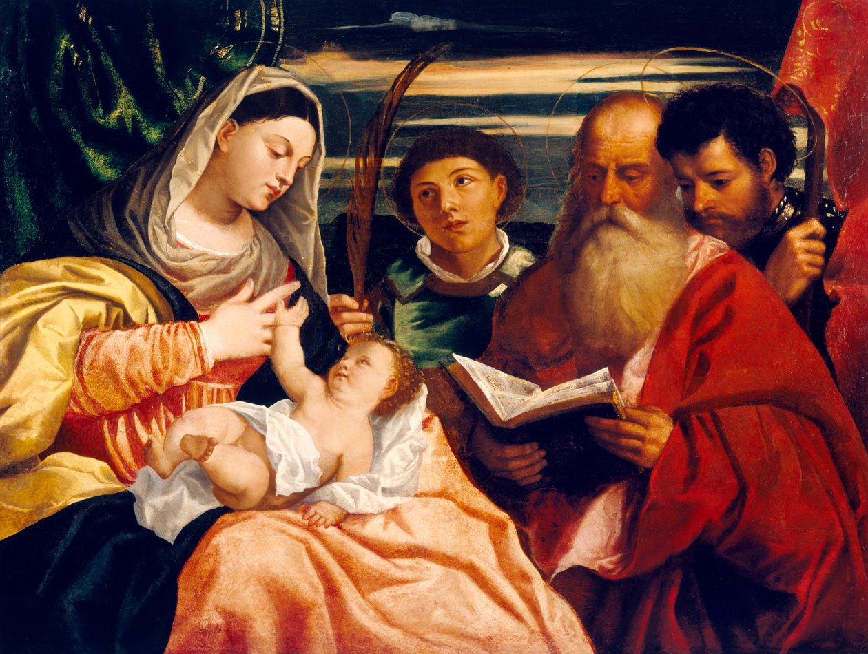 Madonna és gyermek Szent Istvánnal, Jeromosszal és Mauriceszal (olaj, vászon) alkotó: Titian (c.1488 1576) (after)