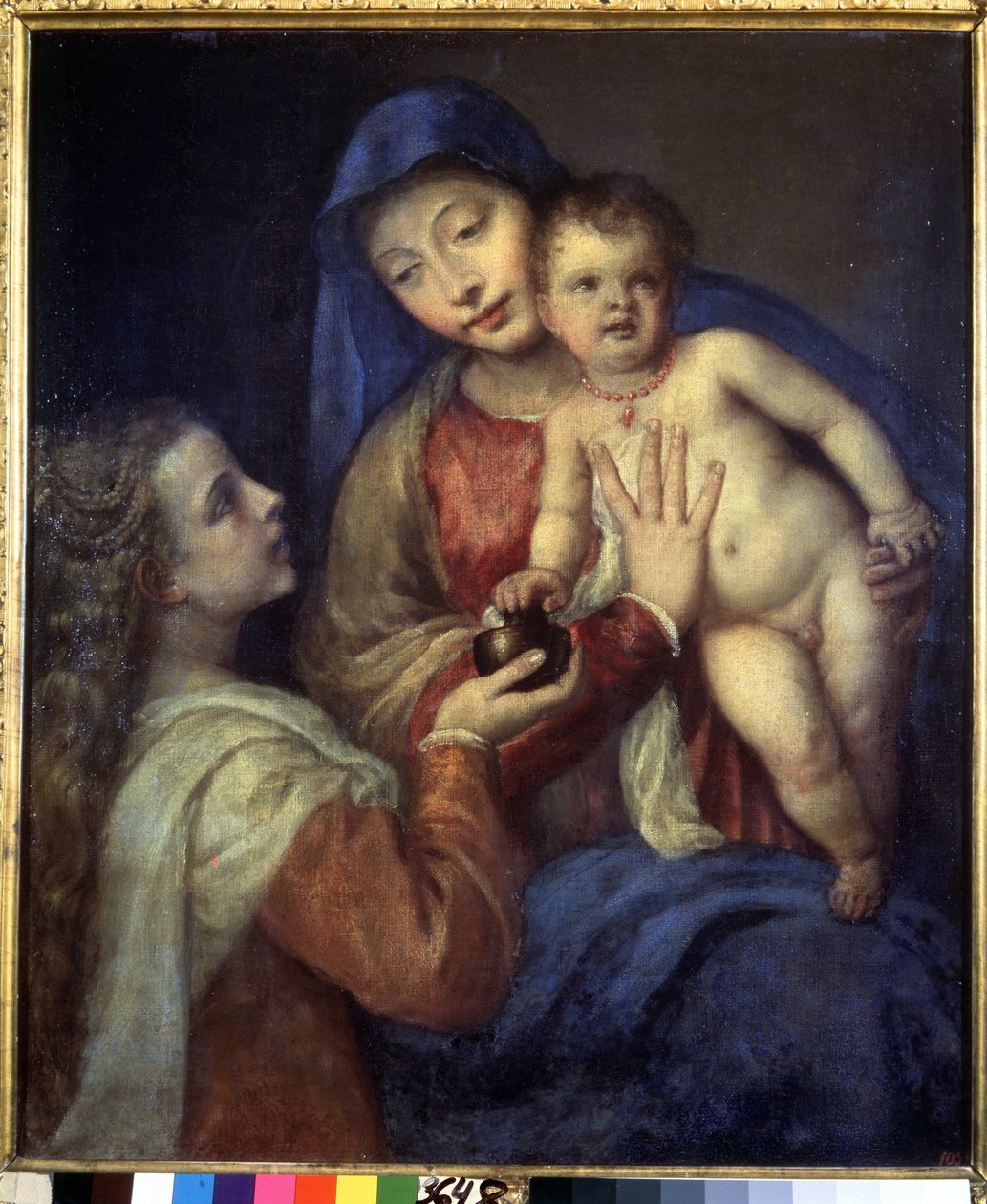 Madonna és gyermeke Mária Magdolnával. Tizian festménye (Tiziano Vecellio vagy Vecelli vagy Tiziano da Cador alkotó: Titian (c.1488 1576)