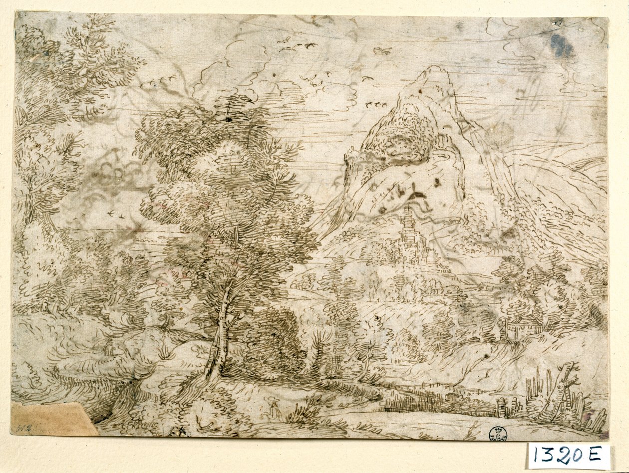 Tájkép madarakkal repülésben (tus, papír) alkotó: Titian (c.1488 1576)