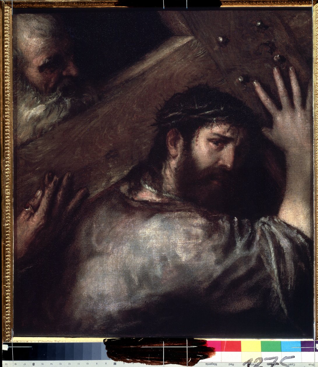 A keresztet hordozó Krisztus (Le portement de croix) (Krisztus, aki a keresztet hordozza). Tizian vagy Le Titian festménye (Tiziano Vecellio vagy Vecelli, vagy Tiziano da Cador alkotó: Titian (c.1488 1576)